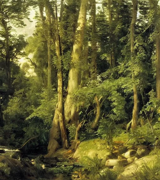 Image similar to artwork painting of a lush environment by eugene von guerard, ivan shishkin, john singer sargent