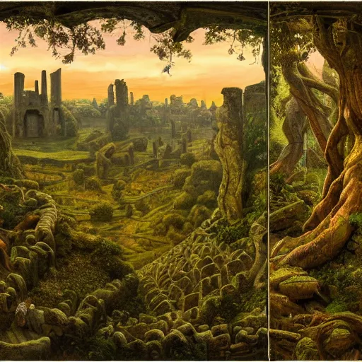 Prompt: art in the style of James Christensen, a panorama of a ruined fortress built with trees, inhabited by elves and faeries, with the lighting reflecting the sunset , intricately detailed