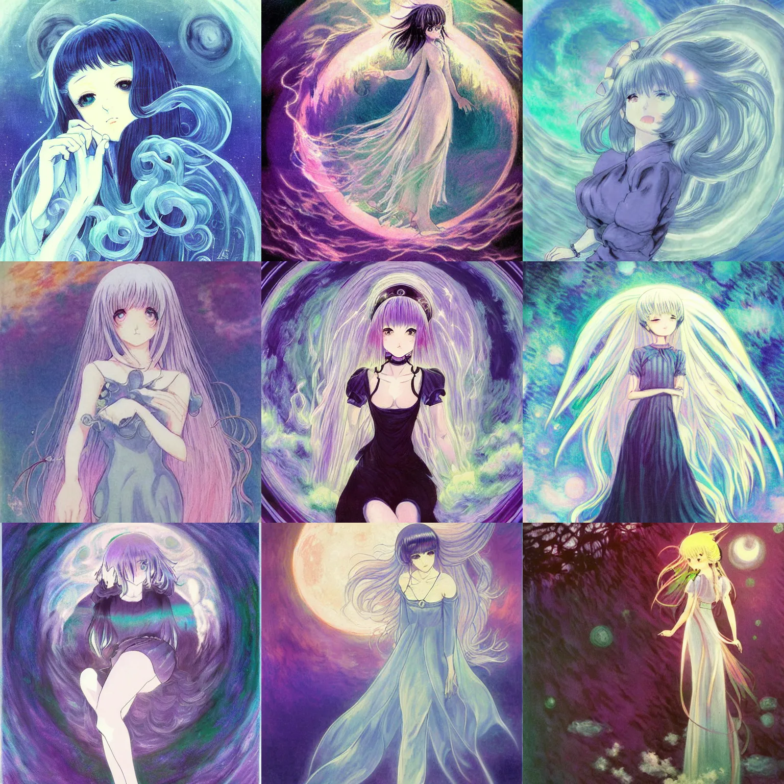 Prompt: masumune shirow cute eerie retro anime girl, ethereal angelic being of light, gloomy face, crystalline translucent hair, sky with swirling clouds, shining crescent moon, spiral heavens, pale pastel colours, beautiful painting by claude monet