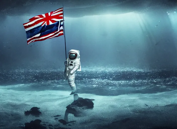 Image similar to astronaut holding a flag in an underwater desert. a submarine is visible in the distance. dark, concept art, cinematic, dramatic, atmospheric, 8 k, trending on artstation, blue, fish, low visibility, light rays, extremely coherent, bubbles, fog, ocean floor, christopher nolan, interstellar