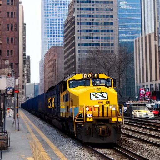 Prompt: csx locomotive running through down town manhatten