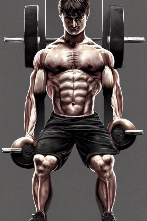 Image similar to highly detailed rendering of Daniel Radcliffe as Harry Potter doing barbell back squats, dingy workout gym, wearing a muscle tee shirt, muscular deep squats, symmetrical, highly detailed, digital painting, artstation, concept art, smooth, sharp focus, illustration, cinematic lighting, art by artgerm and greg rutkowski and alphonse mucha