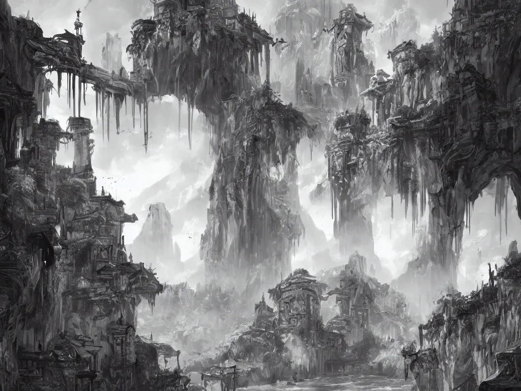 Image similar to impressive concept art of crooked ancient town, artstation, ink, black white, hills, waterfall, river, dominating palace with white walls on top of the hill