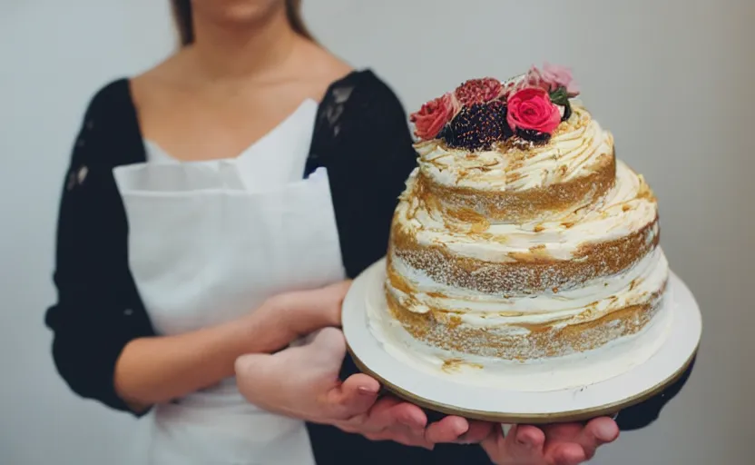 Image similar to “ a lady holding a cake ”