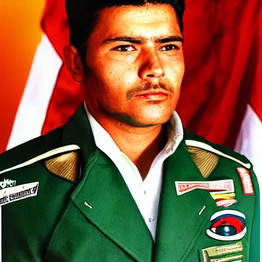 Prompt: a long shot, color studio photographic portrait of a mexican pilot, dramatic backlighting, 1 9 9 3 photo from life magazine,
