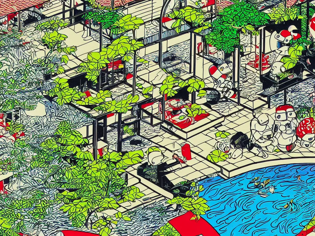 Image similar to super - detailed close - up image of the japanese home with a garden and pond, 2 stormtroopers sitting around it, in style of pop - art, andy warho style, roy lichtenstein style, jackie tsa stylei, bright palette, acrylic on canvas