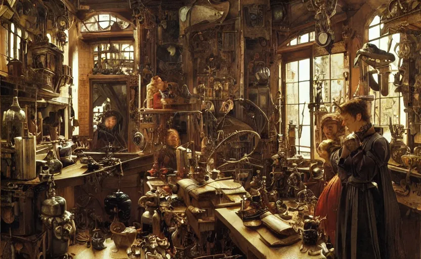 Image similar to the watchmaker's workshop, intricate, highly detailed, by edgar maxence and caravaggio and michael whelan and delacroix style, ambient lighting, photorealistic, extremely detailed, establishing shot, high resolution, dramatic lighting