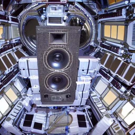 Image similar to giant wall of sound speakers in the interior of an international space station. giant robotic mech particle accelerator. photorealistic 35mm 4k