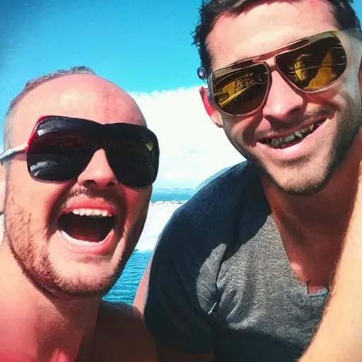 Prompt: polaroid of Homelander and Billy Butcher on holiday having a great time together