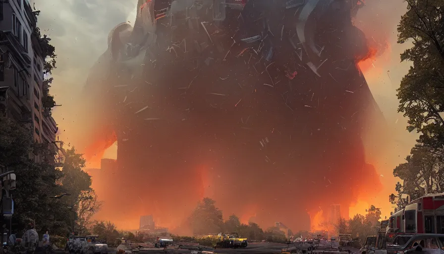 Image similar to giant bigfoot destroying washington dc, debris and fire, collapsed buildings, monster, hyperdetailed, artstation, cgsociety, 8 k