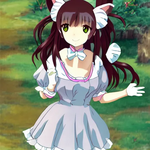 Image similar to a stunningly cute anime catgirl as a maid, art by studio ghibli, anime key visual, long brown hair, artstation