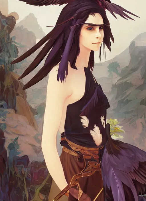 Image similar to concept art painting of an androgynous harpy person with black feathers, pirate clothes, detailed, realistic, cel shaded, in the style of makoto shinkai and james gurney and alphonse mucha and greg rutkowski and artgerm