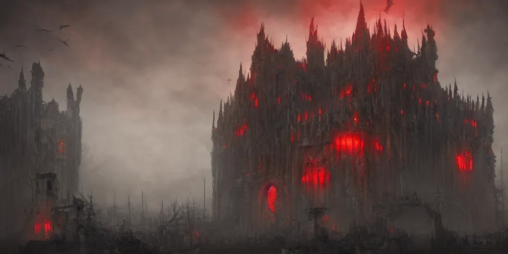 Image similar to grimdark chaos fortress, ruined, terrifying architecture, looming, dark, fog, atmospheric red lighting, flying chaos creatures, dark souls, hyperrealistic, artstation