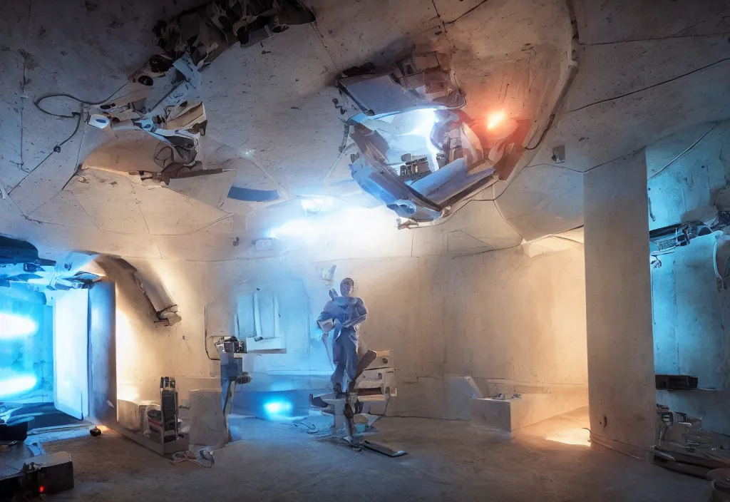 Prompt: vfx film, ascending, biotech thief, colorful, repairing missile silo launch facility interior, low - key lighting award winning photography arri alexa cinematography, hyper real photorealistic cinematic beautiful natural skin, famous face, atmospheric