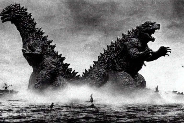 Image similar to film still godzilla!!! storming the beach of normandy in saving private ryan