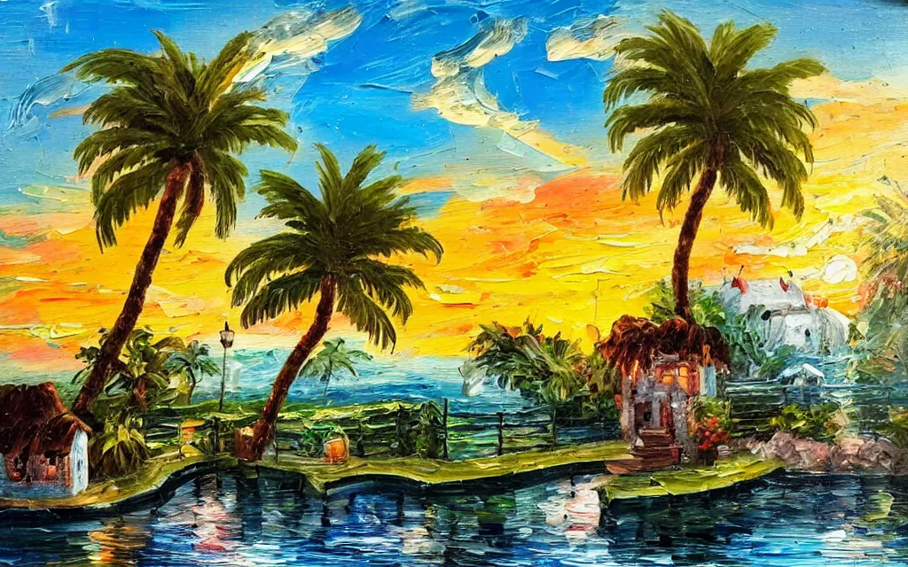 Image similar to a very tiny island surrounded by water with a cute cozy cottage with a terrace, a paved garden courtyard with benches and a fountain, palm trees, river, sunset, puffy clouds, dramatic and dynamic lighting, thick brush strokes oil impasto painting