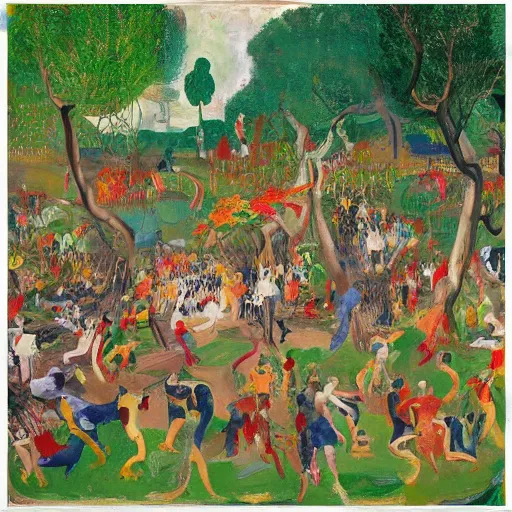 Prompt: 50 peoples dancing in the garden of eden, happy, painted by Asger Jorn, 8k, Peter Doig, abstract oil paint with thick brushstrokes of paint, ultra detailed, realistic, small spot of thick melting paint drips all over