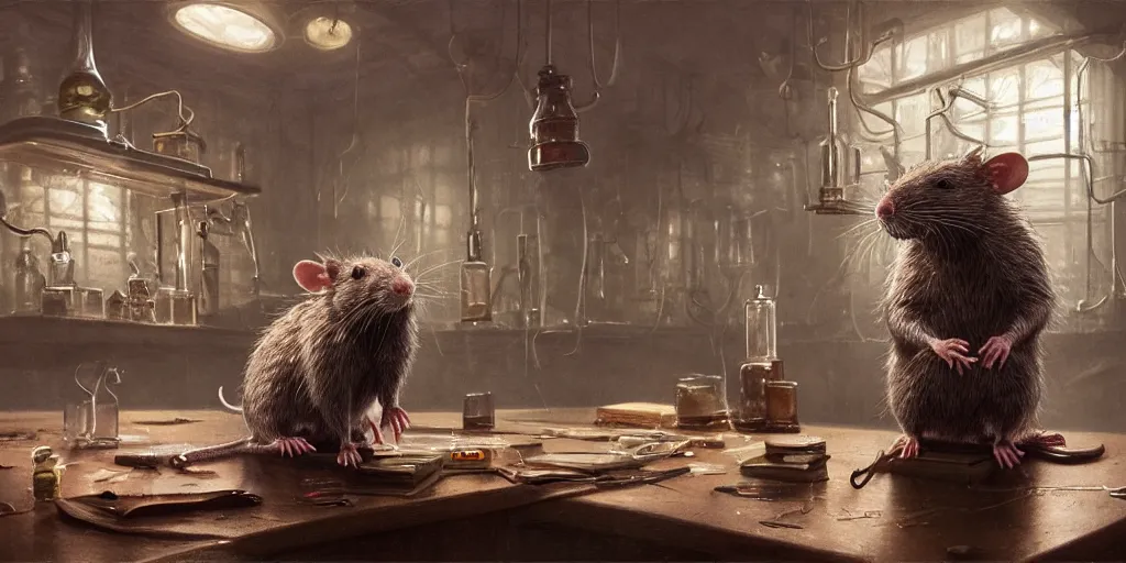 Image similar to highly realistic intricate rat standing on a desk in a laboratory with lots of flasks filled with magic liquids and poisonous fog, stephen bliss, unreal engine, fantasy art by greg rutkowski, loish, rhads, ferdinand knab, ilya kuvshinov, rossdraws, tom bagshaw, global illumination, radiant soft light, detailed and intricate environment