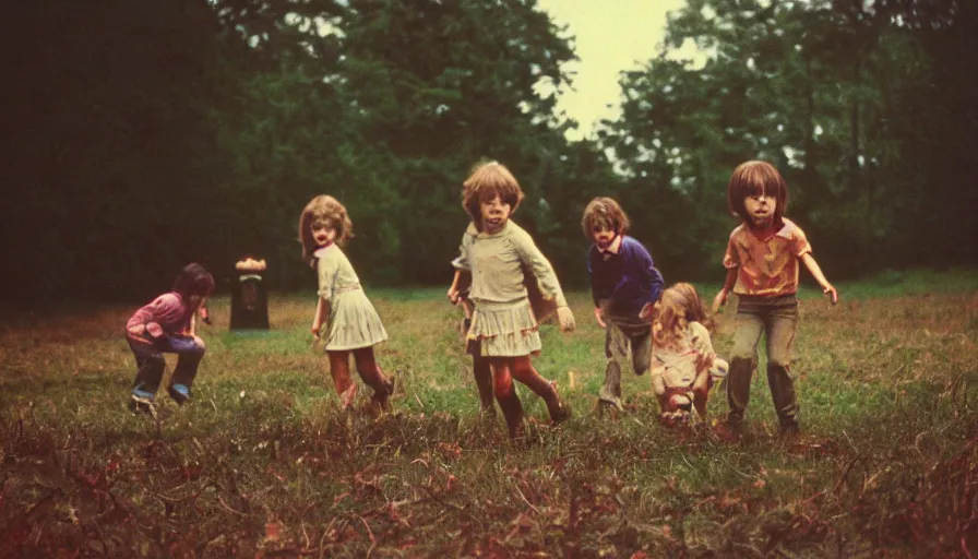 Prompt: 7 0 s film still from a horror movie of young children playing in a graveyard, kodachrome, cinecolor, cinestill, photorealism, cinematic, film grain, film texture, vhs recording