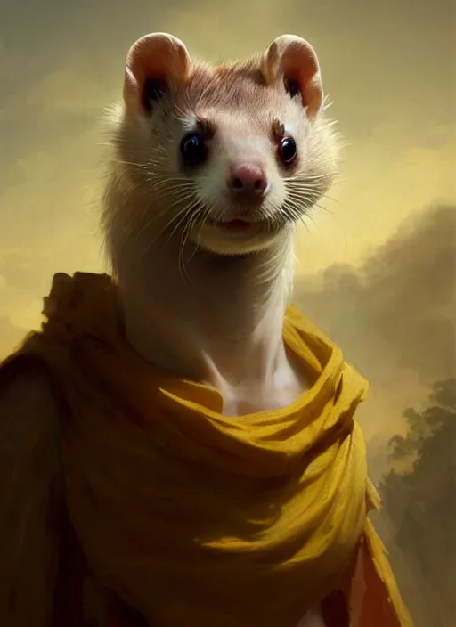 Prompt: a beautiful closeup shot from a fantasy film of a humanoid ferret with yellow eyes wearing a loose tunic. an anthropomorphic ferret with gold eyes. portrait. joseph ducreux, greg rutkowski.