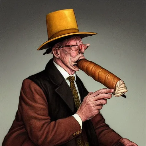 Image similar to Portrait of an anthropomorphic White Greyhound wearing a black fedora hat and smoking a cigar in a very smokey room. Very high quality. Drawn by James Christensen