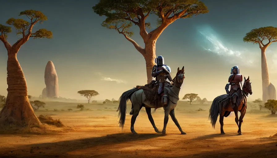 Image similar to mandalorian riding a horse alone, madagascar with baobabs trees in the background, action scene, an epic fantasy, artgerm and greg rutkowski and alphonse mucha, an epic fantasy, volumetric light, detailed, establishing shot, cinematic, photorealistic, hyper detailed, ultra realistic, trending on art station, octane render, midsommar