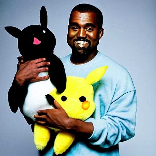 Prompt: Kanye West smiling and holding pikachu for a 1990s sitcom tv show, Studio Photograph, portrait C 12.0