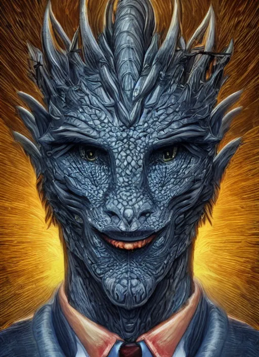 Image similar to highly detailed picture of great dragon news anchor talking head. perfectly symmetrical face, highly detailed, masterpiece, trending on artstation, golden ratio, cinematic romantic magical, perfect intricate