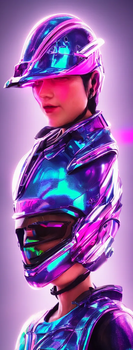 Prompt: a women wearing neon helmet with a visor iridescent, beautiful, technological, unreal, hyper-detailed, mega-detailed, realistic, cinematic, octane render, concept art, dark, cosmic, ominous, symmetric, colorful and dark