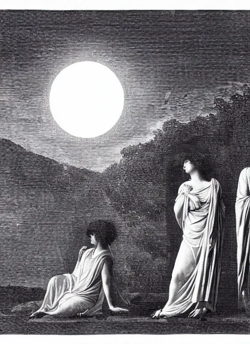 Image similar to three silhouettes of ancient greek goddesses observing an eclipse at dusk, painted by caspar david friedrich with high toner xerox halftones