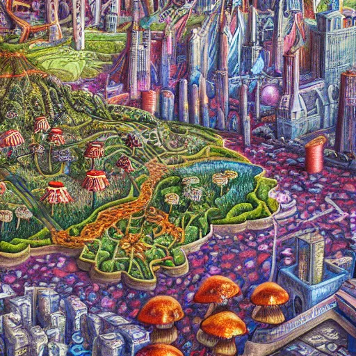 Prompt: city made of mushrooms and plants, 1 9 2 0 ’ s colored pencil, highly detailed, highly accurate, abstract art, deep aesthetic, 8 k, highly ornate intricate details, cinematic lighting, rich colors, ray tracing, hyperrealistic, photorealistic, cinematic landscape, trending on artstation,