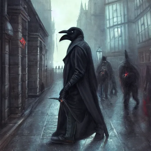 Image similar to plague doctor walking the streets of london by raymond swanland, highly detailed,