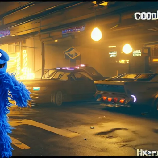 Prompt: cookie monster in cyberpunk 2 0 7 7 unreal engine 5 8 k hyperdetailed