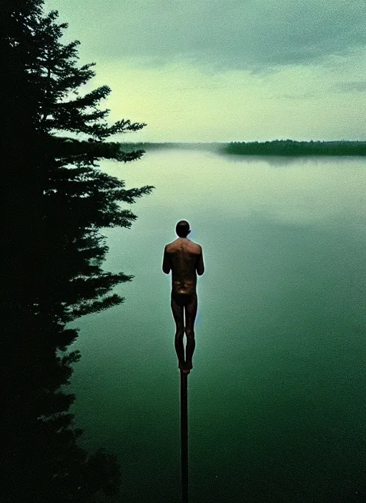 Prompt: “frog in jesus christ pose vertically hovering above calm lake waters, distant misty forest horizon, low angle shot, long cinematic shot by Andrei Tarkovsky, paranormal, eerie, mystical”