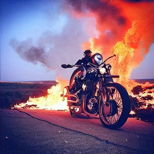 Prompt: “a knight in full armor on a burning motorcycle 🏍 that is one fire in an empty desolate field at nighttime”