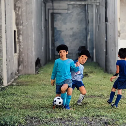 Prompt: kids playing soccer in abandoned city