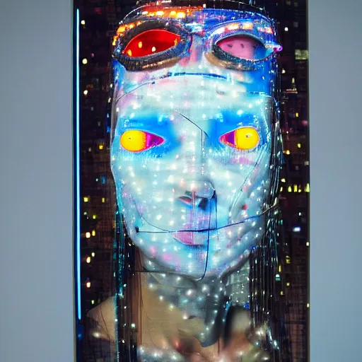 Image similar to woman cyborg, led display on forehead, mimmo rotella, alan bean, john chamberlain, peter kemp