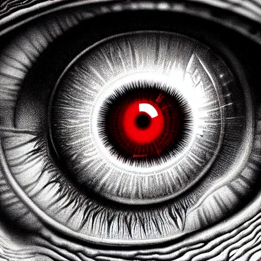 Image similar to a detailed extremely close up of inside the iris, cornea, red image, microscopic, extremely close up drawing by junji ito, cgsociety, generative art, lovecraftian, parallax, cosmic horror, extremely detailed, hyperrealism, unreal engine, octane render, award winning, masterpiece, highly detailed, realistic, 4 k, digital