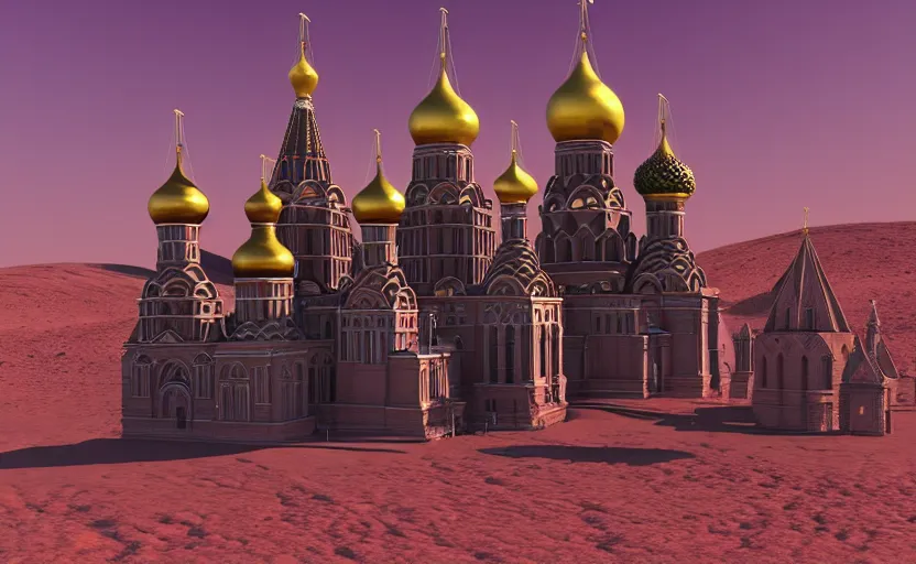 Image similar to a picture in colour high contrast by vasily vereshchagin of futuristic st. basil's cathedral on mars, cinema 4 d, visual art, 8 k resolution, 3 d modelling, studio lighting, masterpiece, vray