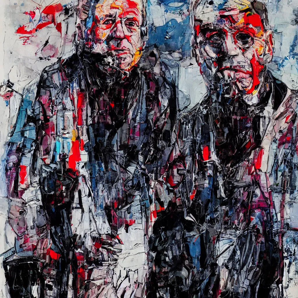 Image similar to Joe Biden full body portrait, Techwear, Cyberpunk, painting by Ralph Steadman, Francis Bacon, Hunter S Thompson