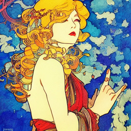 Prompt: the sun. beautiful, realistic painting by mucha and kuvshinov and bilibin and malevich. synthwave watercolor, thick lining, manga, soviet realism