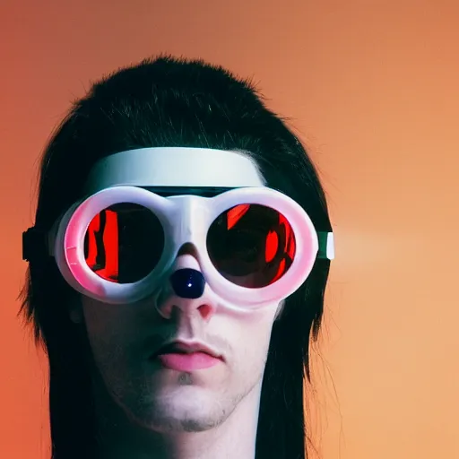 Image similar to kodak portra 4 0 0 photograph of a skinny cybergoth goth guy wearing goggles and eclectic jewelry, moody lighting, telephoto, 9 0 s vibe, blurred background