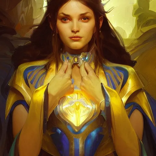 Image similar to warriors of light like angels, blue and yellow, highly detailed, digital painting, artstation, concept art, smooth, sharp focus, illustration, cinematic lighting, art by artgerm and greg rutkowski and alphonse mucha