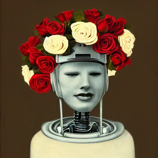 Image similar to a portrait of a robot wearing a hat full of roses, by Otto Eerelman