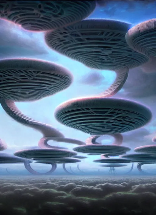 Prompt: a hyper - detailed 3 d render of venusian cloud farms, surrealism!!!!! surreal concept art, lifelike, photorealistic, digital painting, aesthetic, smooth, sharp focus, artstation hd, by greg rutkowski, bruce pennington, valentina remenar and asher duran,