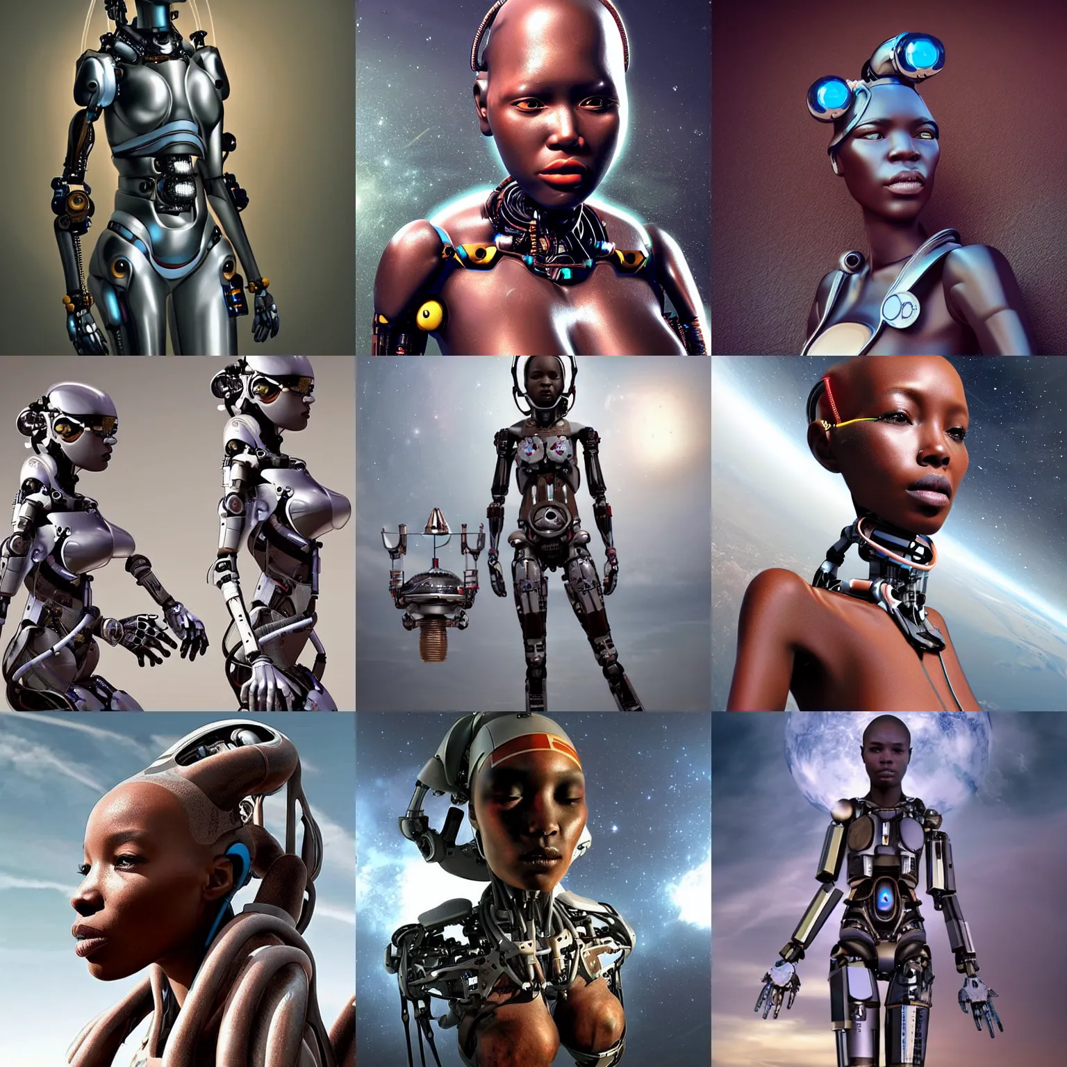Prompt: beautiful futuristic himba cyborg woman, robotic arms, weightless in space, hyperrealistic, scifi, concept art, photograph