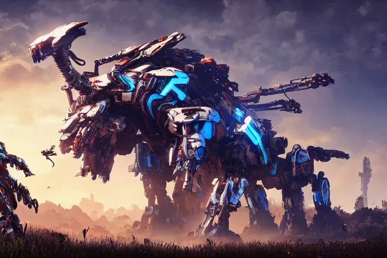 Image similar to thunderjaw machine mecha animal beast robot of horizon forbidden west horizon zero dawn bioluminiscence global illumination ray tracing hdr fanart arstation by sung choi and eric pfeiffer and gabriel garza and casper konefal