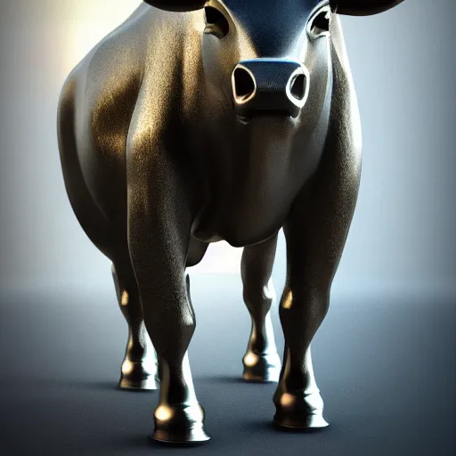 Prompt: an android ( bull ) modeled after a bull looking into the camera, android, cyborg, half body, intricate, 3 d, hyper realism, fantasy, depth of field, octane render, symmetrical, highly detailed, digital art, artstation, concept art, cinematic lighting, trending