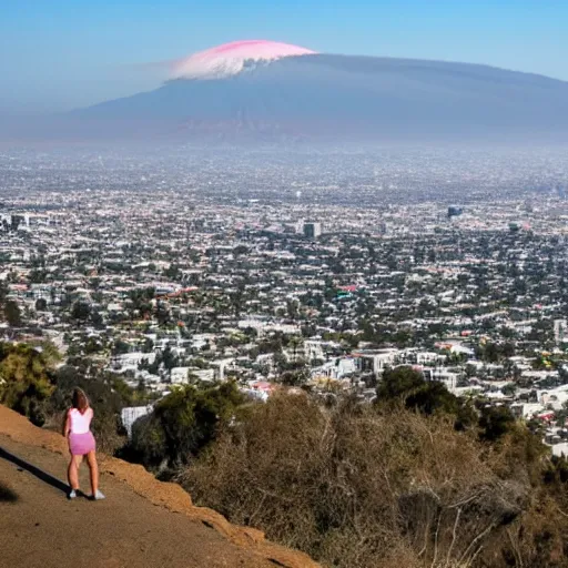 Prompt: the view from runyon canyon overlooking los angeles as a huge volcano erupts beneath l. a.