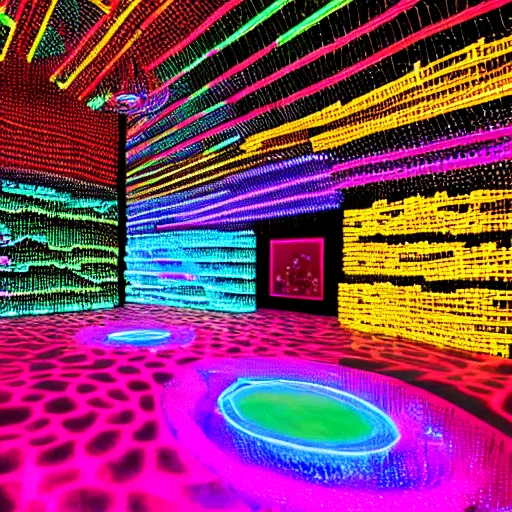 Prompt: neon meadow, art installation with infinity mirrors,